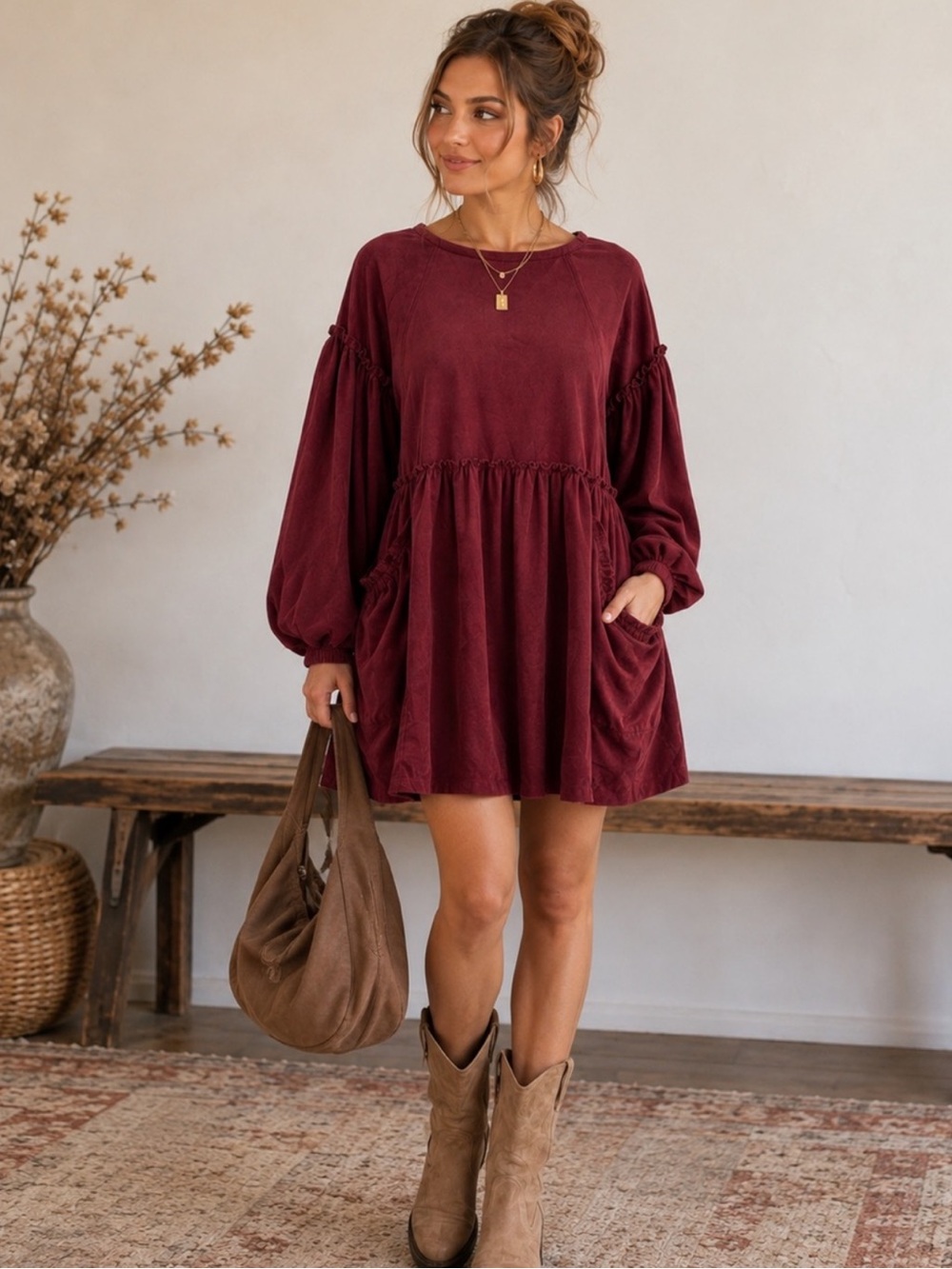 Chelsea & Violet Wine Red Faux-Suede Babydoll Dress